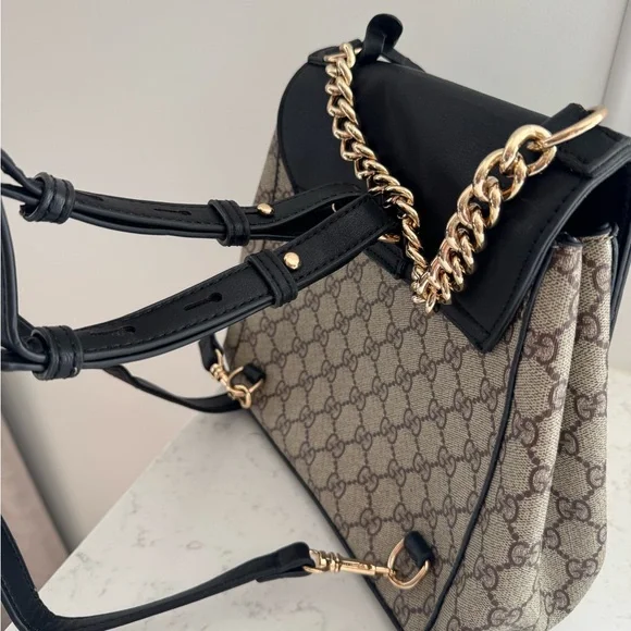 Inspired Black and Tan Backpack with Monogram Design - Picture 4 of 13